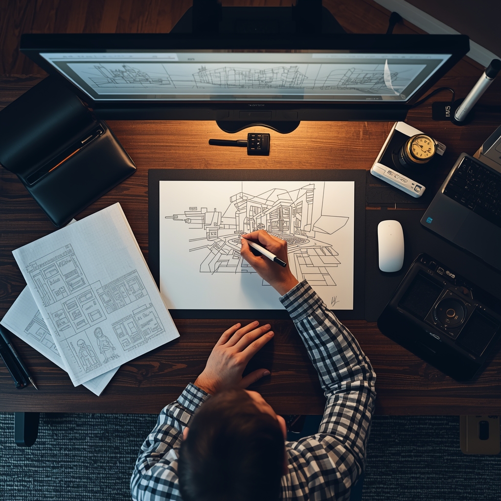A top-down view of a professional designer's workspace with sketches, professional drawing tools, and high-tech equipment.